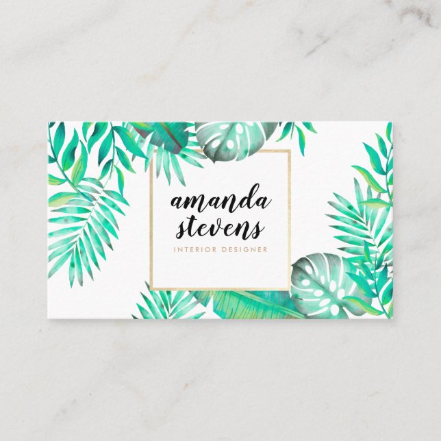 Chic gold frame watercolor tropical green leaves business card (Front)