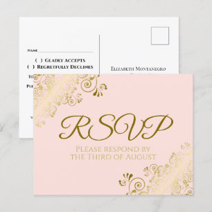 Chic Gold Frills on Blush Pink Wedding RSVP Postcard