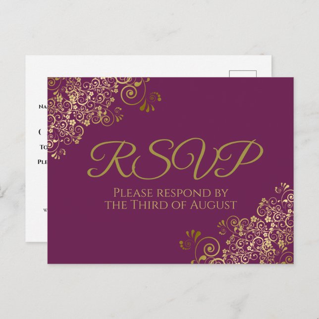 Chic Gold Frills on Cassis Purple Wedding RSVP Postcard (Front/Back)