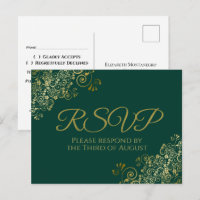 Chic Gold Frills on Emerald Green Wedding RSVP