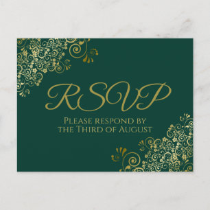 Chic Gold Frills on Emerald Green Wedding RSVP Postcard