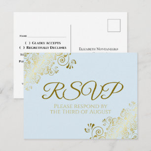 Chic Gold Frills on Powder Blue Wedding RSVP Postcard