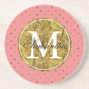 Chic Gold Glam and Pink Dots Monogram Coaster