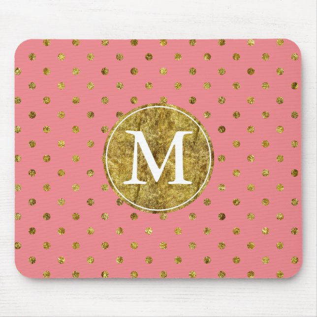 Chic Gold Glam and Pink Dots monogram Mouse Pad (Front)