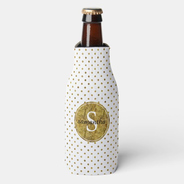 Chic Gold Glam Dots Monogram Bottle Cooler (Bottle Front)