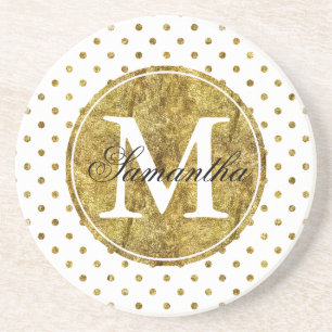 Chic Gold Glam Dots Monogram Coaster