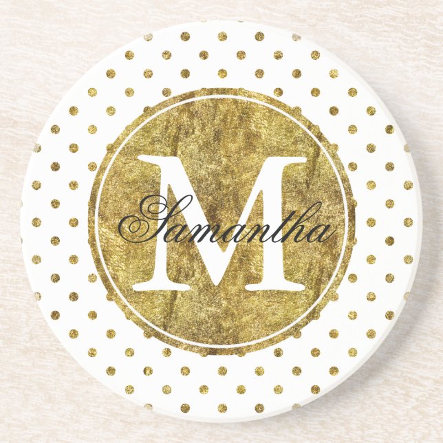 Chic Gold Glam Dots Monogram Coaster (Front)