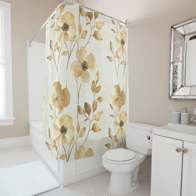 Chic Gold Glam Flowers Shower Curtain (In Situ)