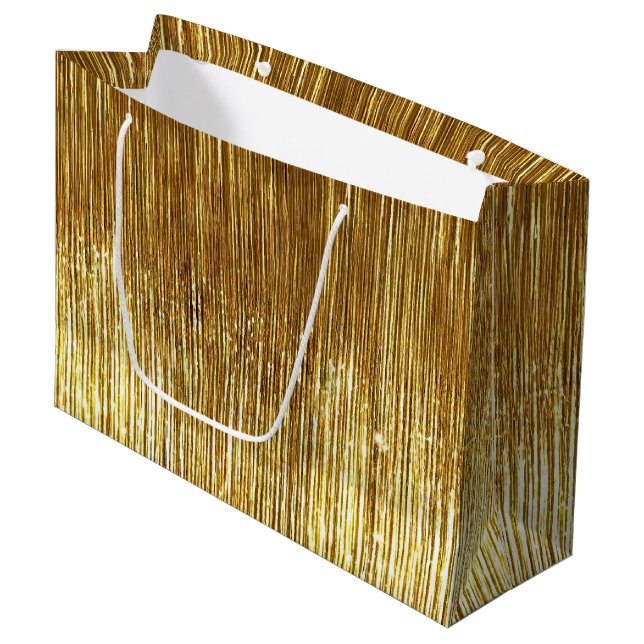 Chic Gold Glam Tinsel Stripes Christmas Large Gift Bag (Front Angled)
