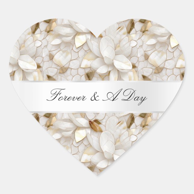 Chic Gold Glam White Lotus Flowers Wedding Heart Sticker (Front)
