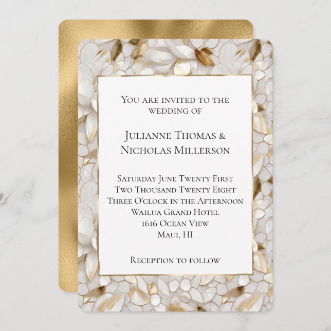 Chic Gold Glam White Lotus Flowers Wedding Invitation (Front/Back)