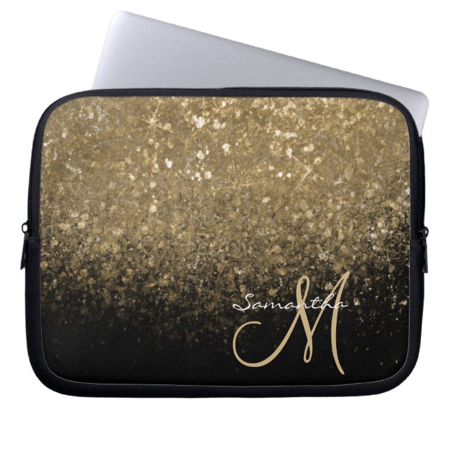 Chic Gold Glitter & Black Monogrammed Laptop Sleeve (Front)