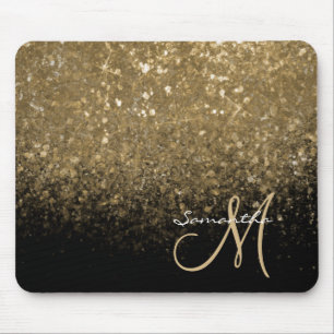 Chic Gold Glitter & Black Monogrammed  Mouse Pad
