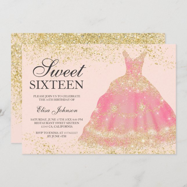 Chic gold glitter blush pink dress Sweet 16 Invitation (Front/Back)
