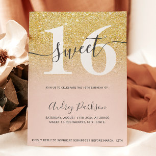 Chic gold glitter blush pink girly Sweet 16 Invitation