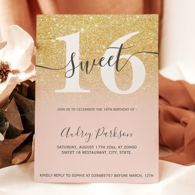 Chic gold glitter blush pink girly Sweet 16 Invitation (Chic gold glitter blush pink girly Sweet 16 Invitation)