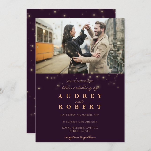 Chic Gold Glitter Burgundy Photo Wedding Invitation (Front/Back)