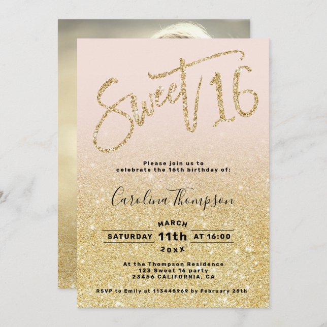Chic gold glitter chic script blush Sweet 16 photo Invitation (Front/Back)