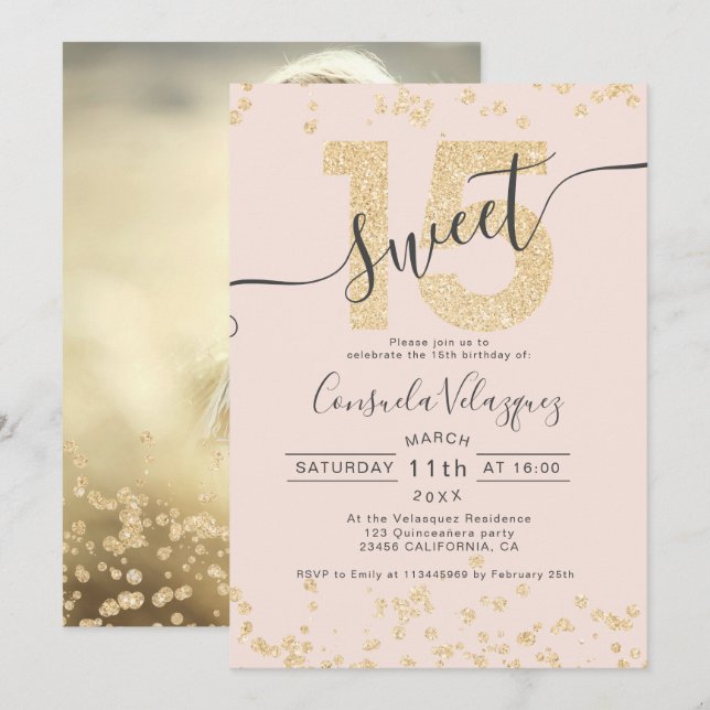 Chic gold glitter confetti blush Quinceanera photo Invitation (Front/Back)