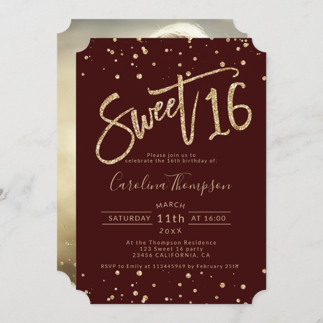Chic gold glitter confetti burgundy Sweet 16 photo Invitation (Front/Back)