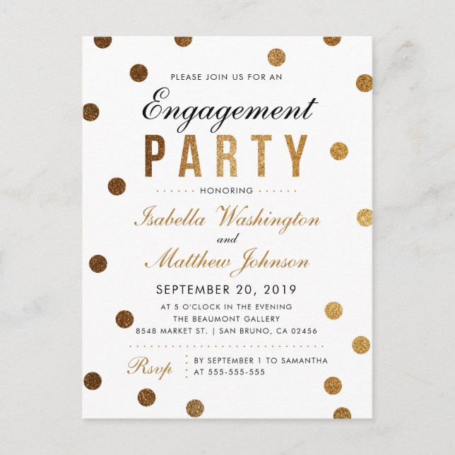Chic Gold Glitter Confetti Engagement Party Invitation Postcard (Front)