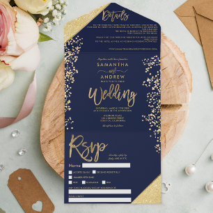 Chic gold glitter confetti navy blue wedding all in one invitation