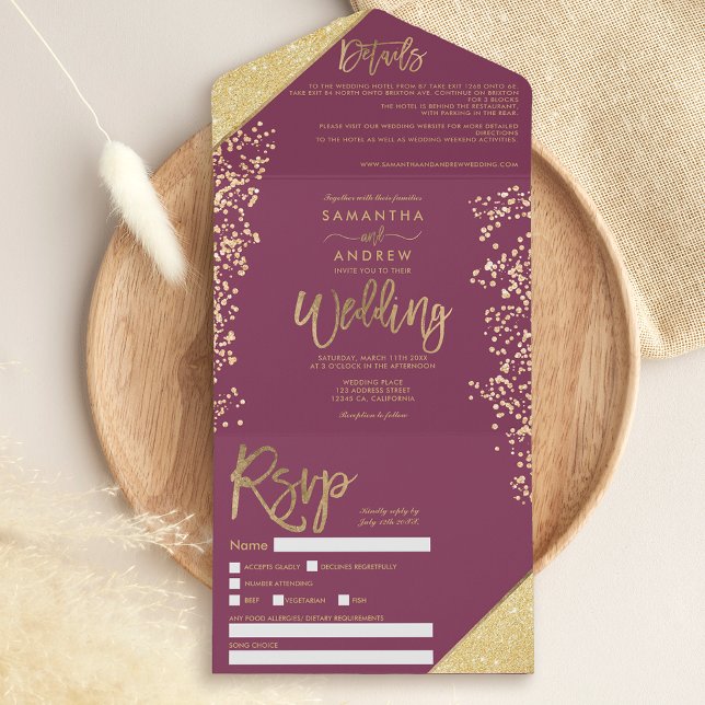 Chic gold glitter confetti plum wedding all in one invitation (Creator Uploaded)