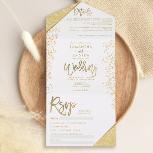 Chic gold glitter confetti white wedding all in one invitation