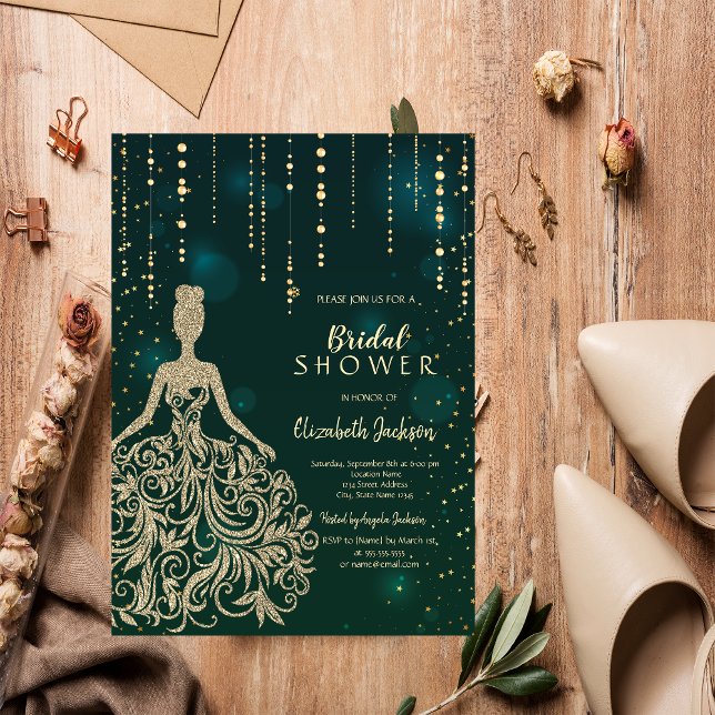 Chic Gold Glitter Dress Green Bridal Shower   Invitation (Creator Uploaded)