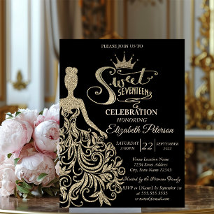 Chic Gold Glitter Dress,Tiara Black Quinceañera Invitation