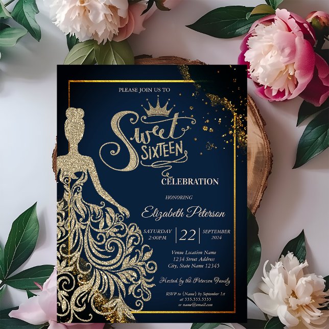 Chic Gold Glitter Dress,Tiara Navy Blue Sweet 16 Invitation (Creator Uploaded)