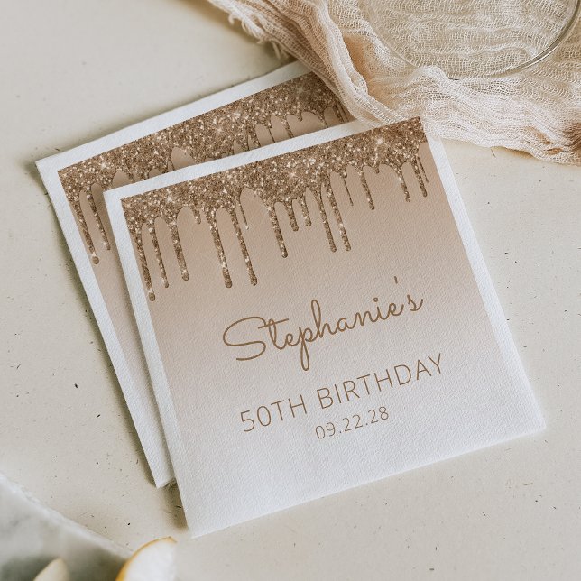 Chic Gold Glitter Drip 50th Birthday Party Napkin (Creator Uploaded)