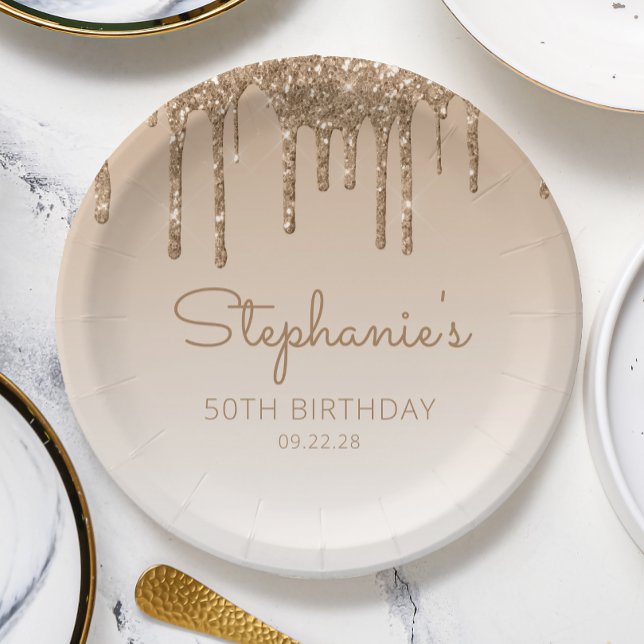 Chic Gold Glitter Drip 50th Birthday Party Paper Plate (Creator Uploaded)