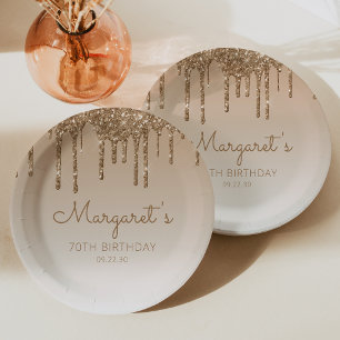 Chic Gold Glitter Drip 70th Birthday Party Paper Plate