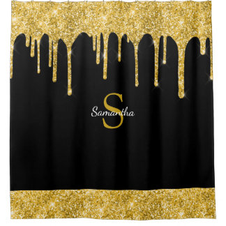 Chic Gold Glitter Drip Sparkle Black Monogram Name Shower Curtain