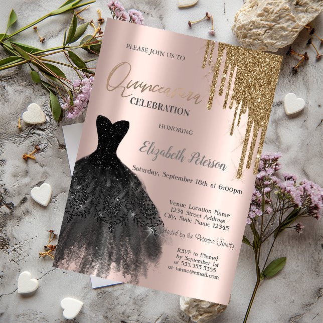 Chic Gold Glitter Drips,Dress 15th Birthday Invitation (Creator Uploaded)