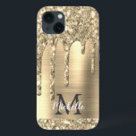 Chic Gold Glitter Drips Monogram Pink Metal  iPhone 13 Case<br><div class="desc">Elegant, modern, girly gold glitter drips gold metal custom personalised name and monogrammed iphone case. This design features yellow gold glitter sparkle drips on gold brushed metal background with custom personalised monogram initial and first name text template. Perfect feminine gift for girl and women who loves pretty trendy glam things....</div>