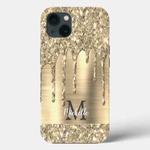 Chic Gold Glitter Drips Monogram Pink Metal  iPhone 13 Case