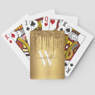 Chic Gold Glitter Drips Sparkles Monogram Name Playing Cards