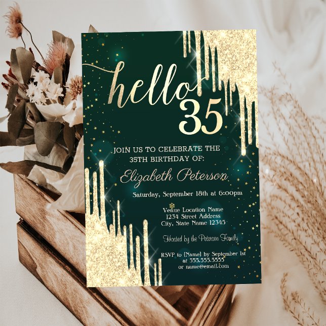 Chic Gold Glitter Drops Stars Green Invitation (Creator Uploaded)