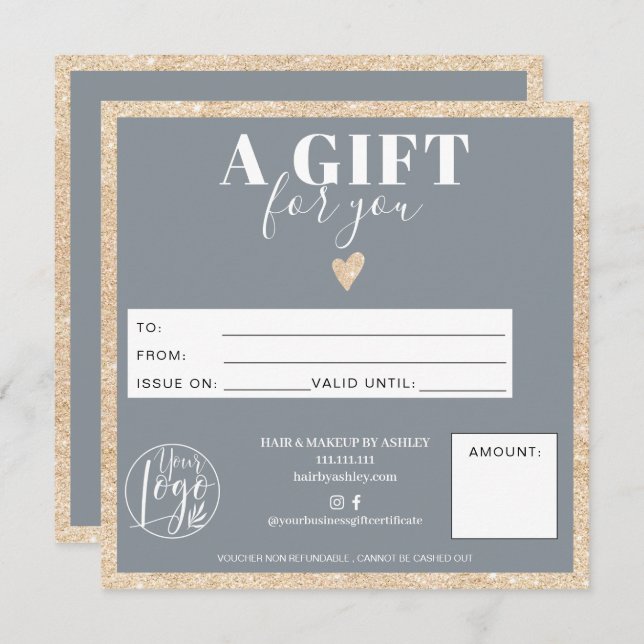Chic gold glitter dusty blue gift certificate logo (Front/Back)