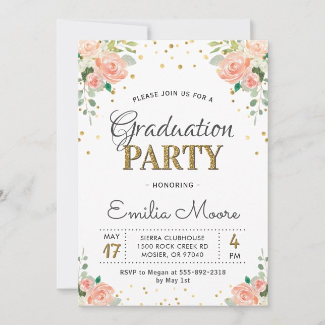 Chic Gold Glitter Floral Peony Graduation Party Invitation (Front)
