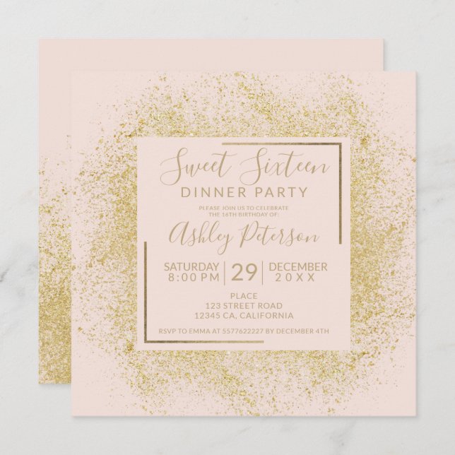 Chic gold glitter frame chic  blush pink sweet 16 invitation (Front/Back)