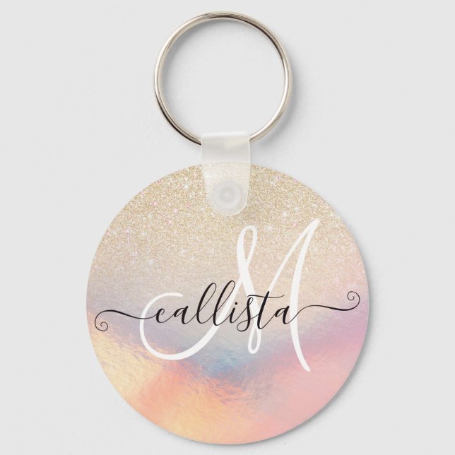 Chic Gold Glitter Iridescent Holographic Gradient Key Ring (Front)
