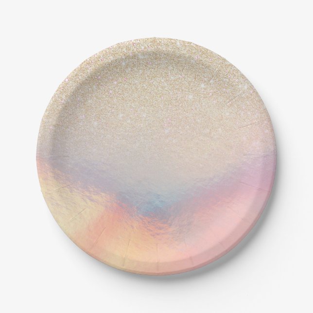Chic Gold Glitter Iridescent Holographic Gradient Paper Plate (Front)
