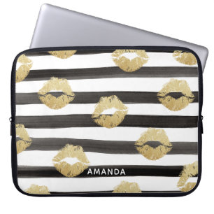 Chic Gold Glitter Lips & Black Stripes Monogram Laptop Sleeve