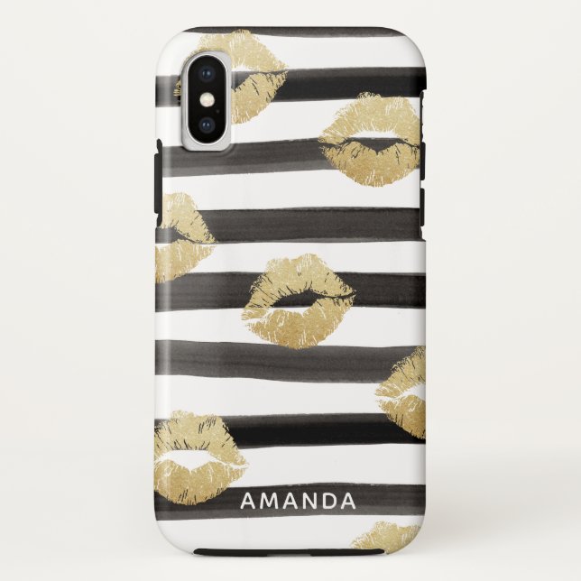 Chic Gold Glitter Lips & Stripes Monogram Case-Mate iPhone Case (Back)