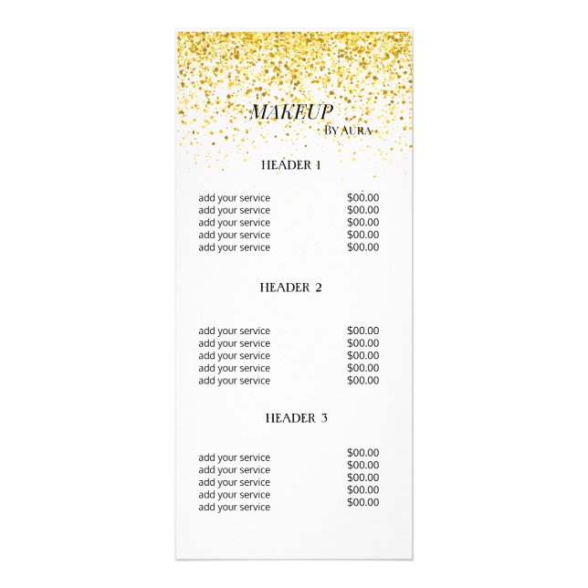 Chic Gold Glitter Makeup Price List Template Rack Card (Front)