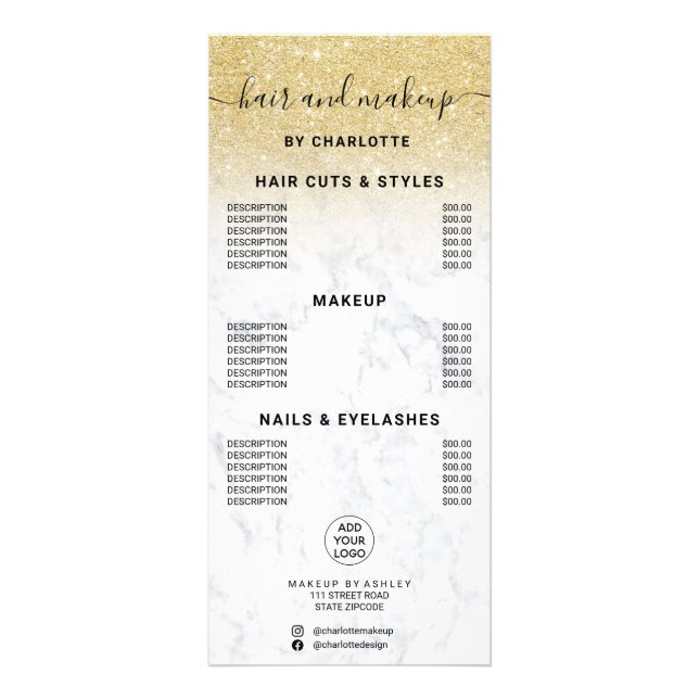 Chic gold glitter marble hair makeup price rack card (Front)