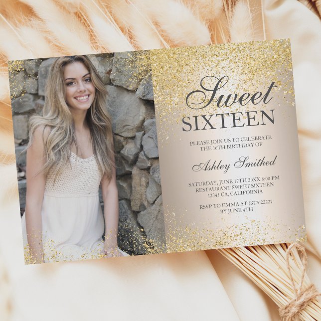 Chic gold glitter metallic photo Sweet 16 Invitation (Creator Uploaded)